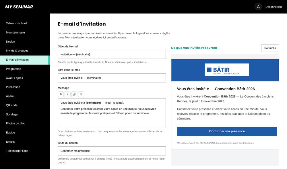 L’e-mail d’invitation — capture du back-office