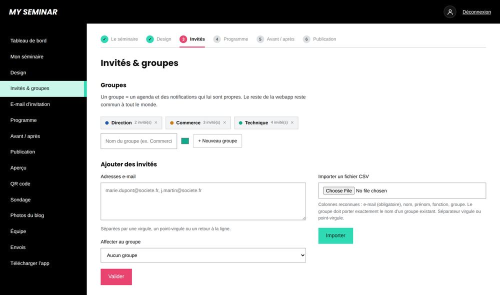 Les invités & les groupes — capture du back-office